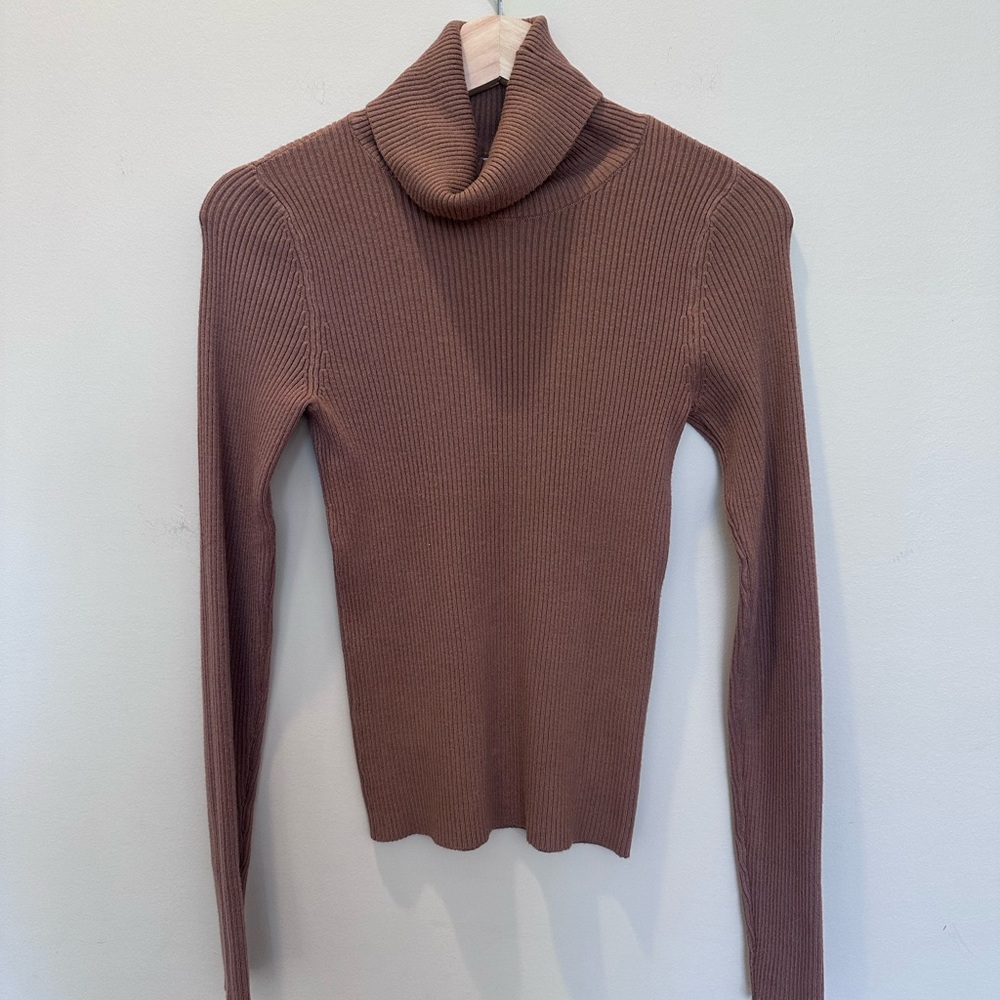 Slim Ribbed Turtleneck Sweater in Taupe